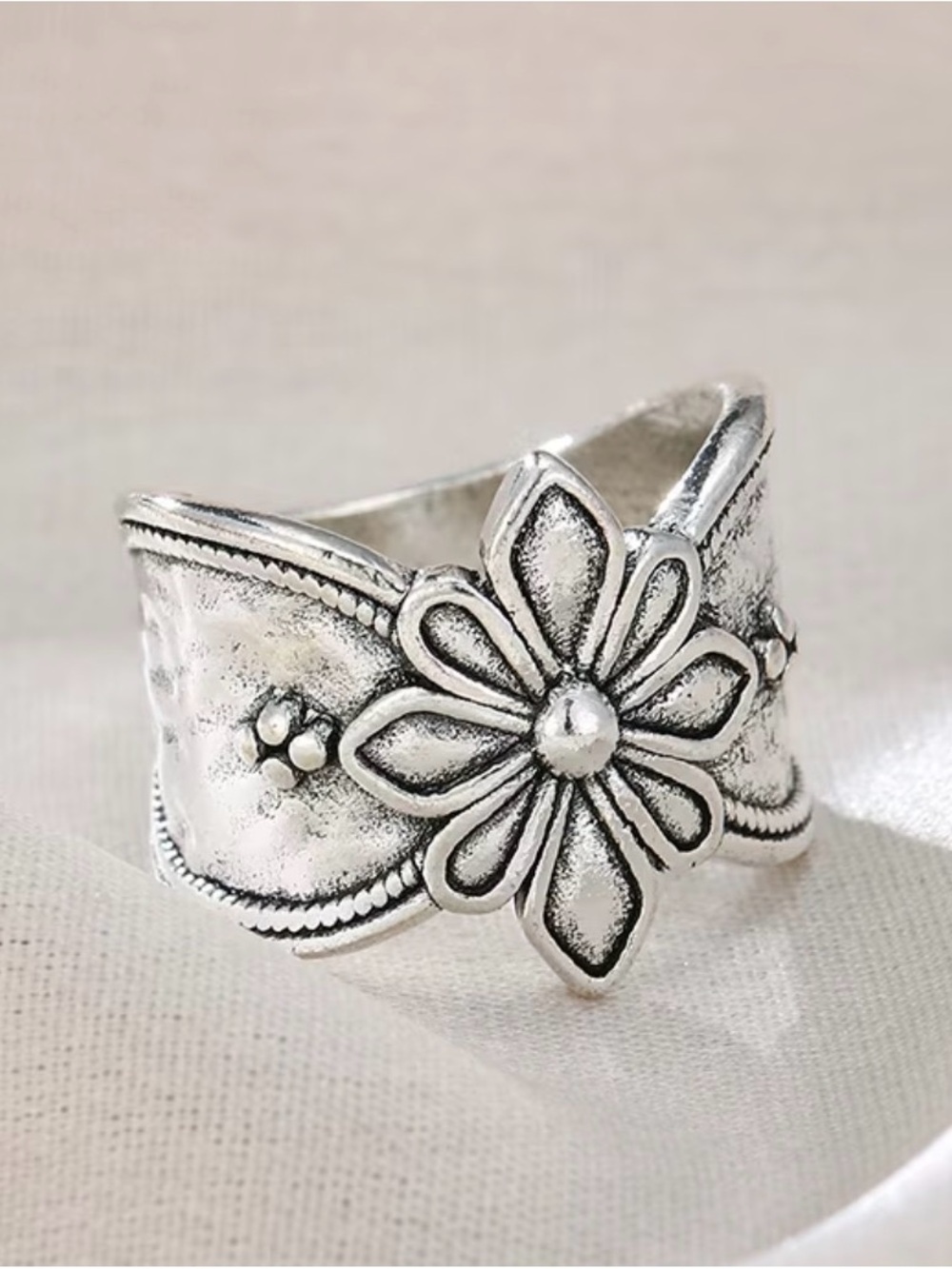 Floral Silver Tone Adjustable Flower Ring